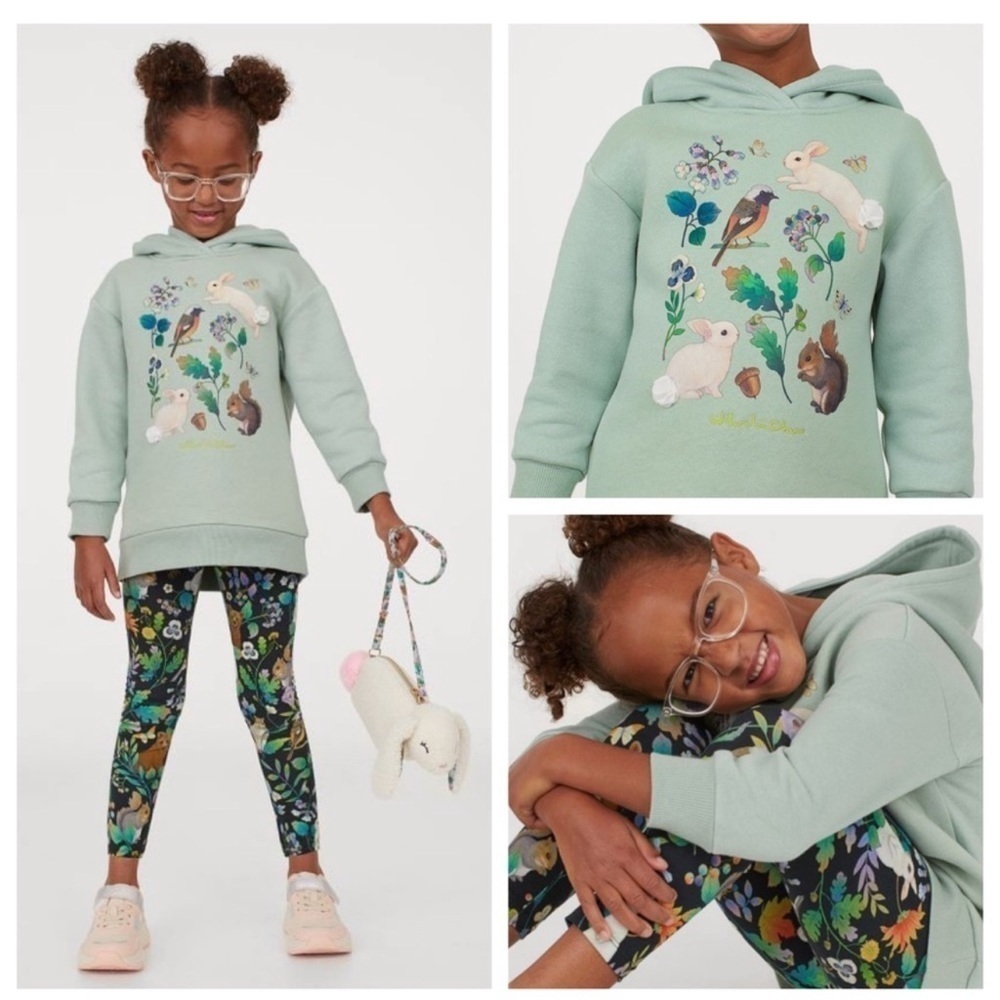 Whooli Chen x H&M Girl’s Mint Green Bunnies Woodland Hoodie Size 5T/6